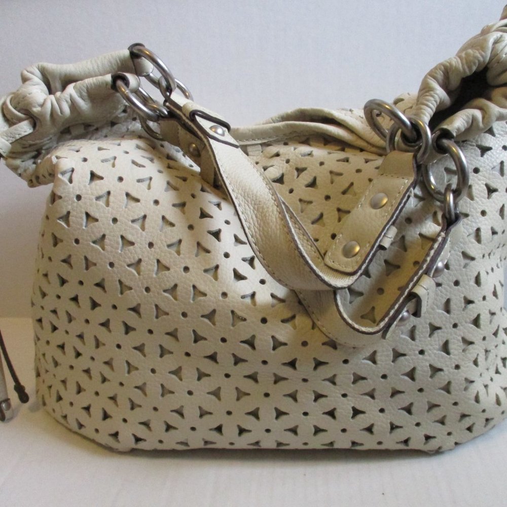 *FOSSIL Ivory Stenciled BOHO Tassel Accents Satchel Tote - Picture 2 of 9